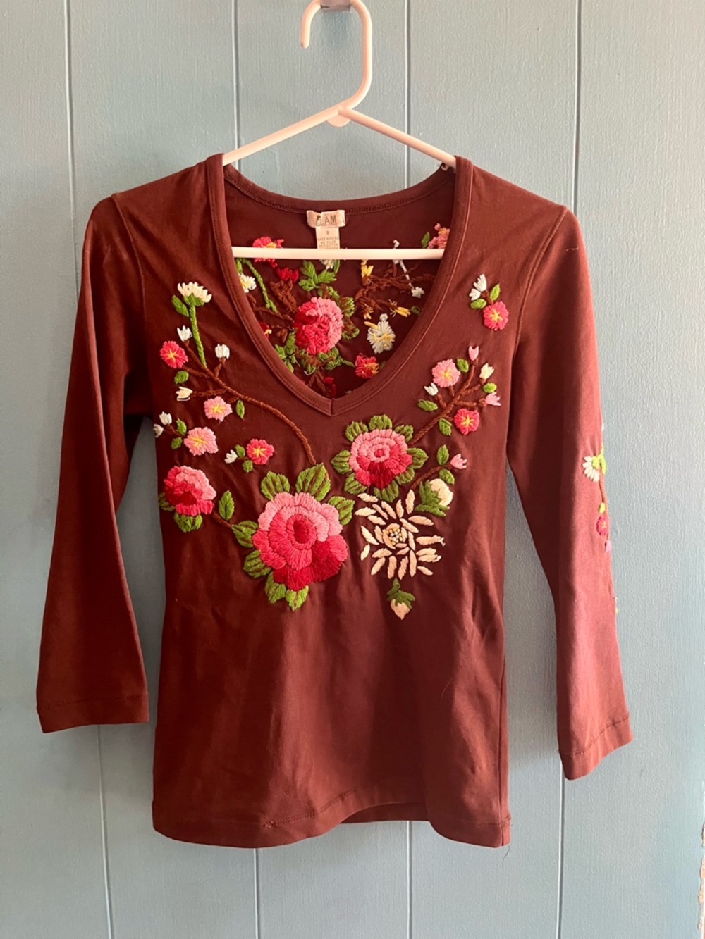 EGlam Women’s Brown V-Neck Long Sleeve Embroidered Floral Top